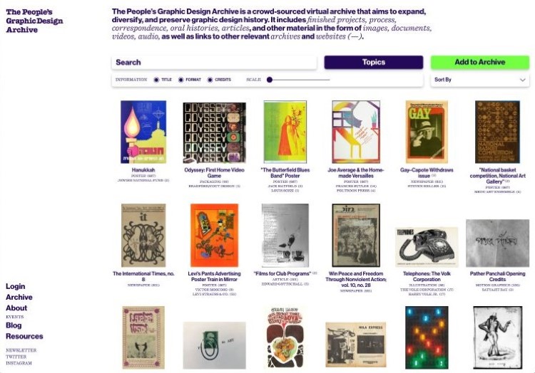 Screengrab of PGDA homepage. A white screen with purple text, and thumbnails of archive contents arranged in a grid